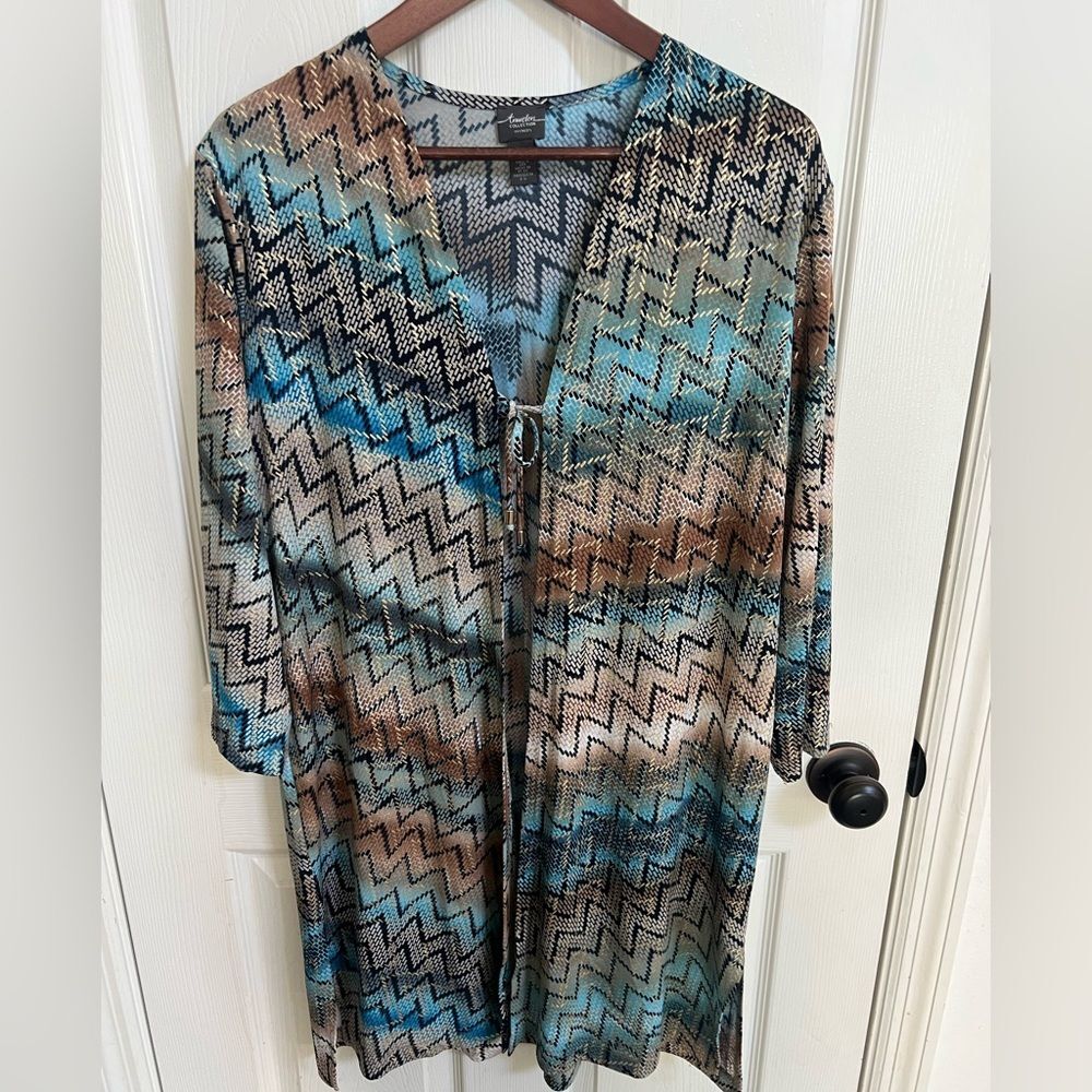 Chico’s Travelers Collection Mirrored Chevron Tie Front Duster, Cardigan, Aztec